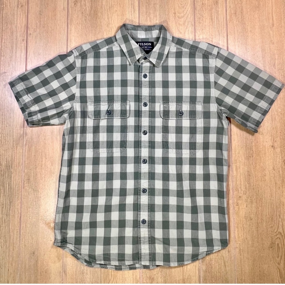 Filson Men's Plaid Short Sleeve Button Up Shirt Size Small Green Gray checkered